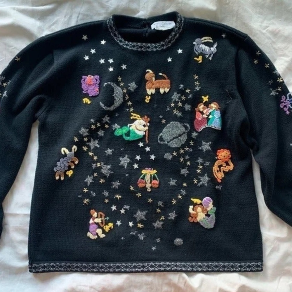 Vintage Handknit Barbara Sparre Black Sweater with Silver Accents Astrology M